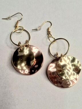 Hammered Two-Tone Disc Drop Earrings - Gold & Rose Gold